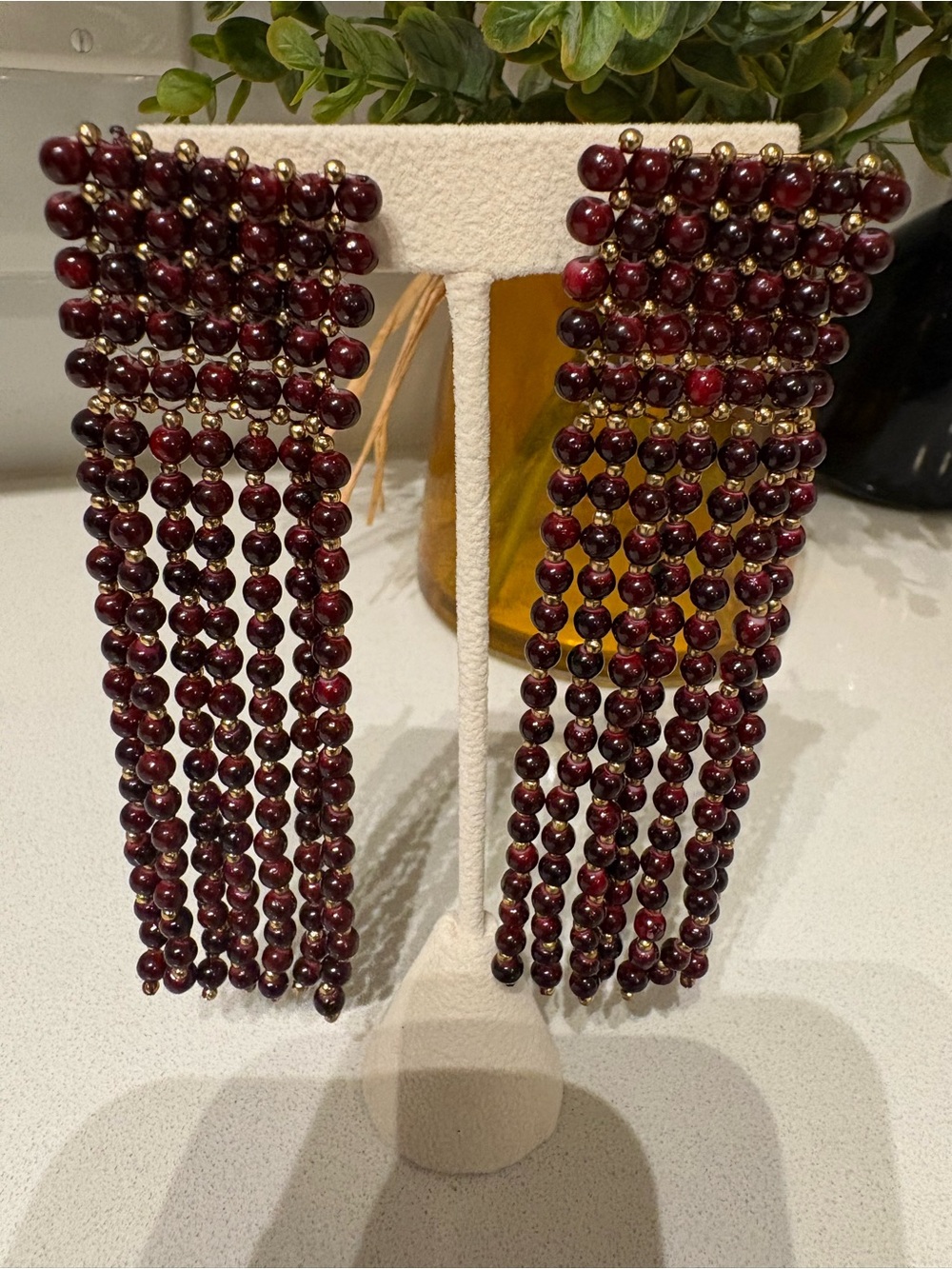 Mango Burgundy Beaded Fringe Earrings with Gold Accents